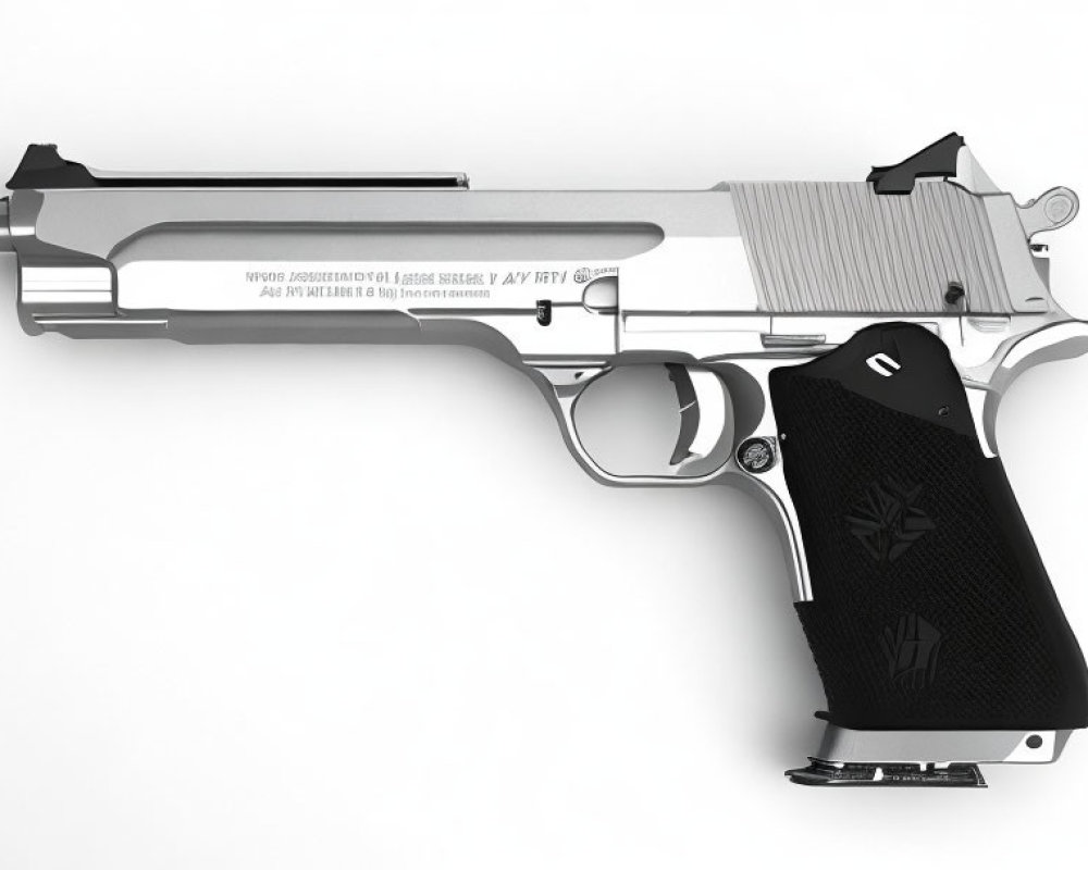 Silver and Black Semi-Automatic Pistol with Text and Symbols on White Background