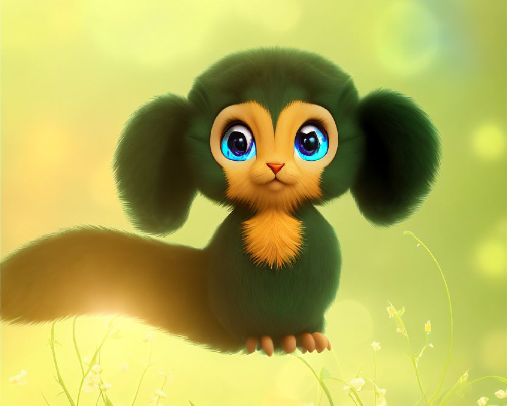 Adorable animated creature with blue eyes and orange fur in a meadow