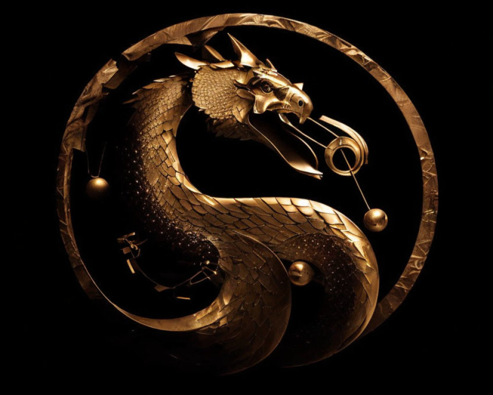 Golden Dragon Sculpture with Horn in Circular Frame on Black Background