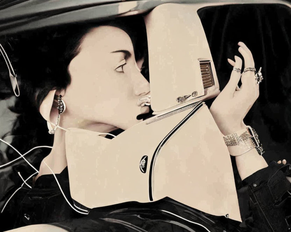 Woman reading book in car with jewelry on fingers and wrist