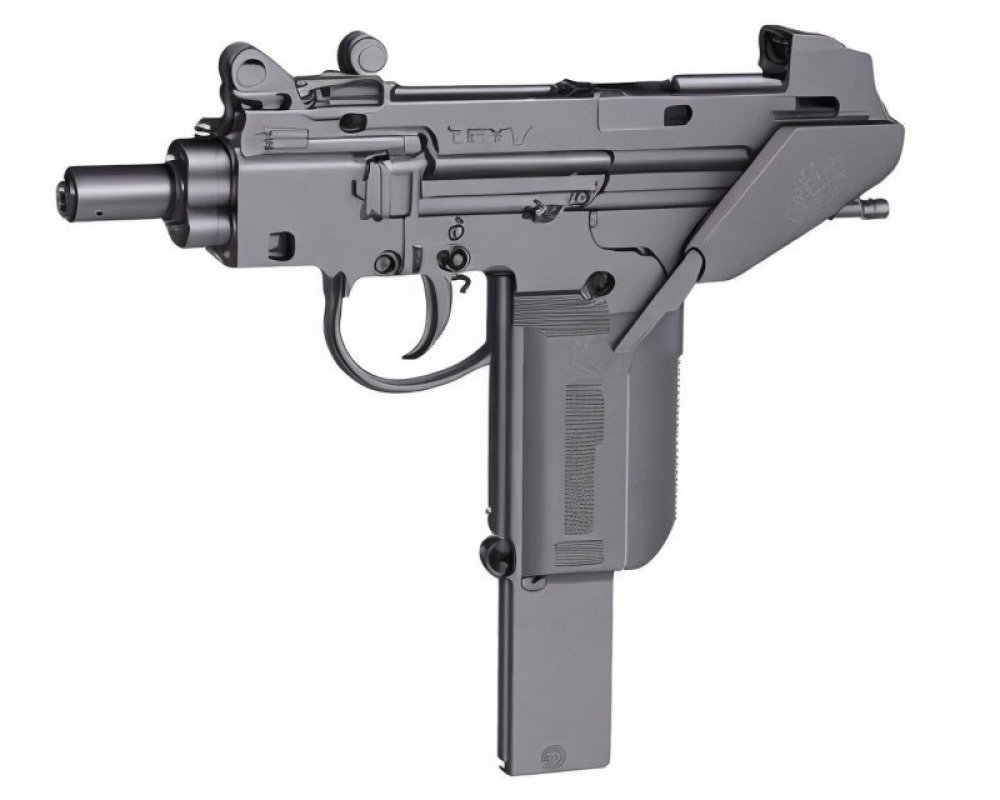 Black semi-automatic pistol with exposed barrel and front grip on white background