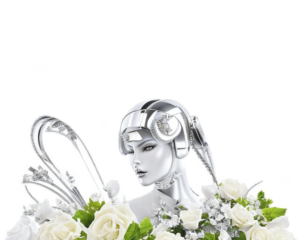 Futuristic cybernetic female head with silver accents and white roses on white background