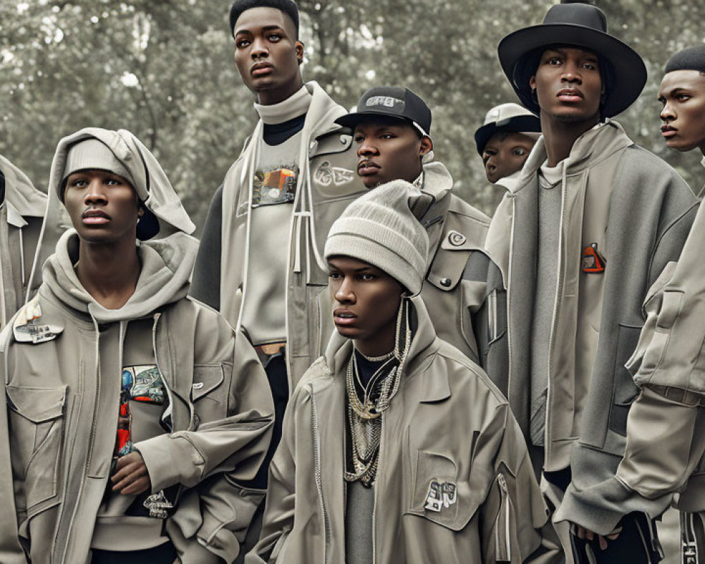 Stylish young men in muted urban streetwear pose in forest setting