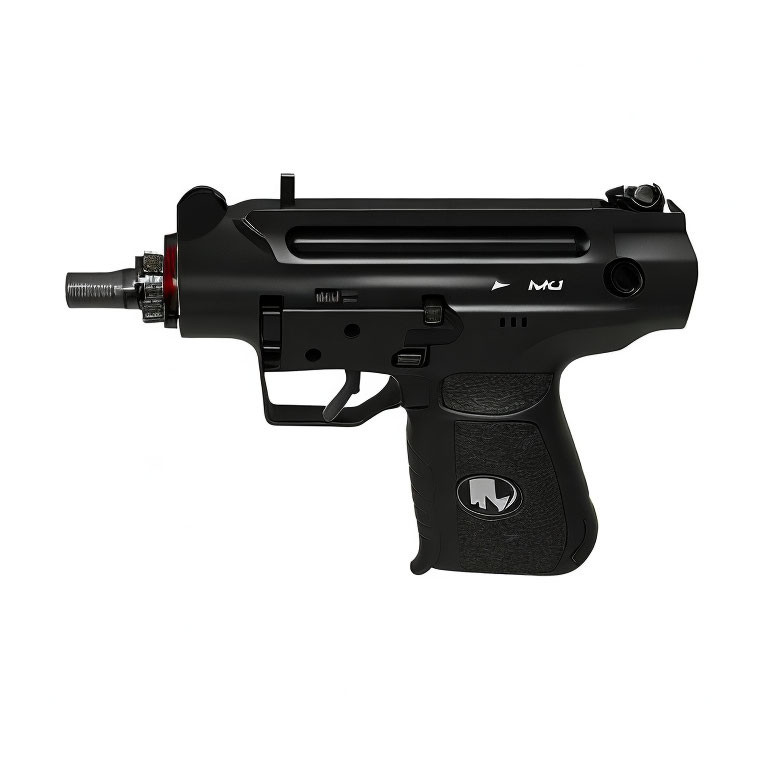 Black Paintball Marker with Hopper Feed and Textured Grip - Brand Logo and Model Number Displayed