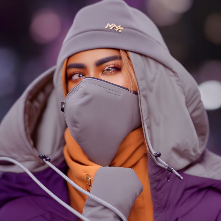 Purple winter coat and hood, orange scarf, face mask, visible eyes.