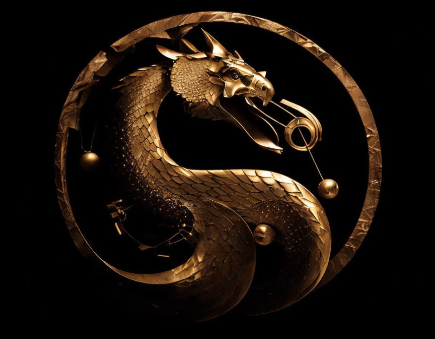 Golden Dragon Sculpture with Horn in Circular Frame on Black Background