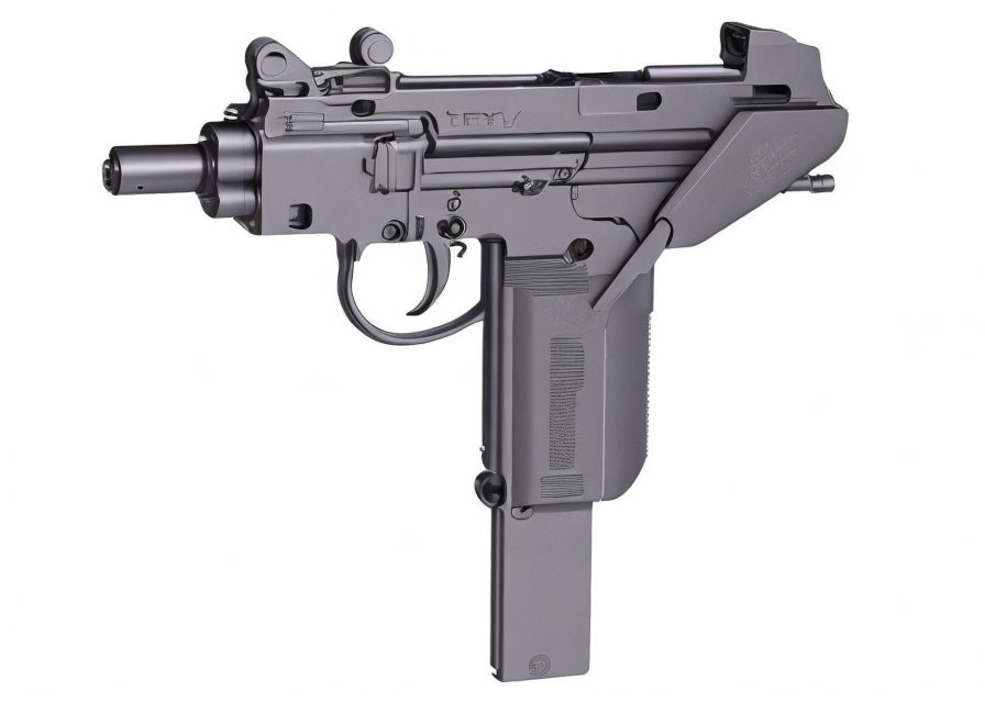 Black semi-automatic pistol with exposed barrel and front grip on white background