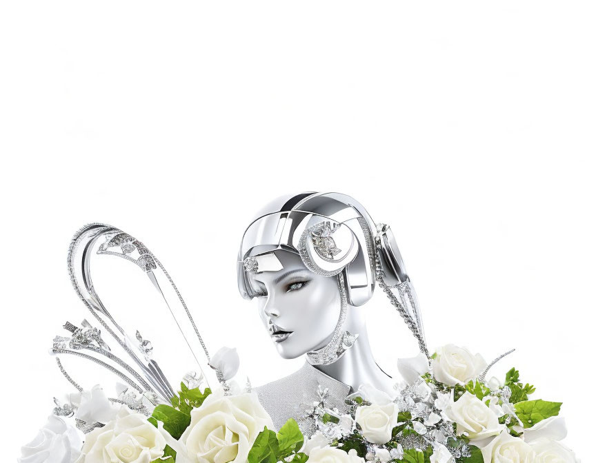 Futuristic cybernetic female head with silver accents and white roses on white background