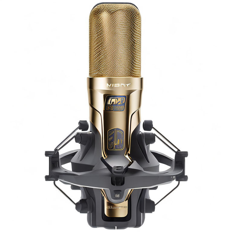 Gold Condenser Microphone with Shock Mount on White Background