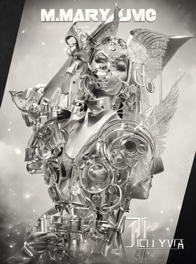 Monochrome futuristic image of stylized robotic face with intricate details and ornate designs.