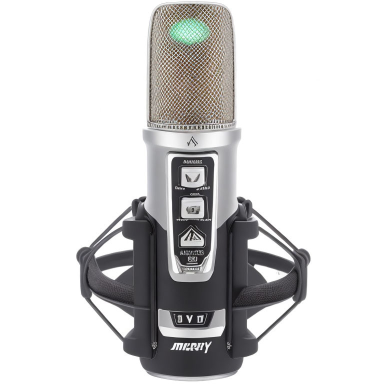 Silver condenser microphone with mesh top, logo, knobs, switches, and shock mount