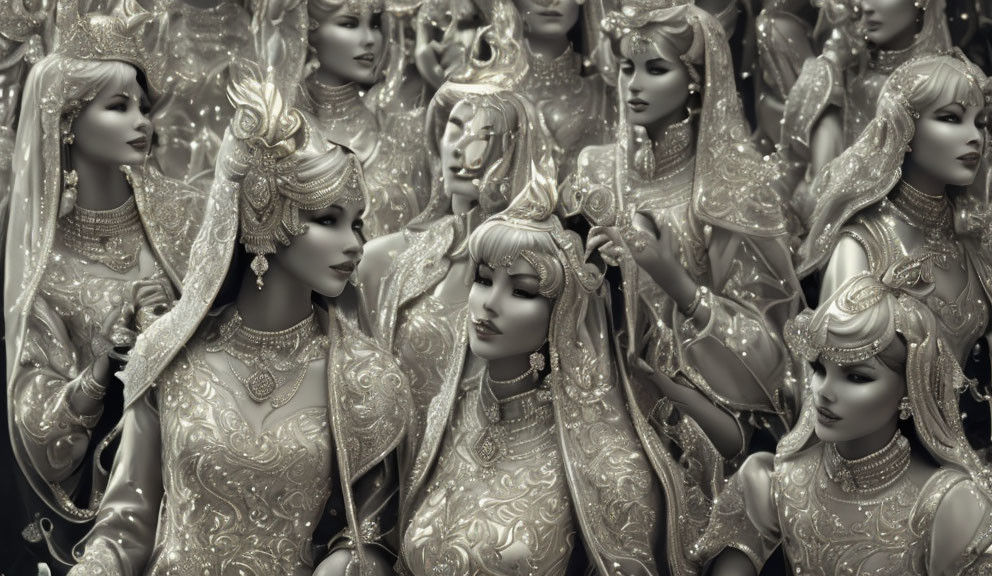 Monochromatic image of ornate, regal female figurines