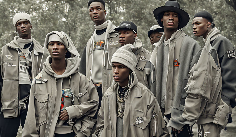 Stylish young men in muted urban streetwear pose in forest setting