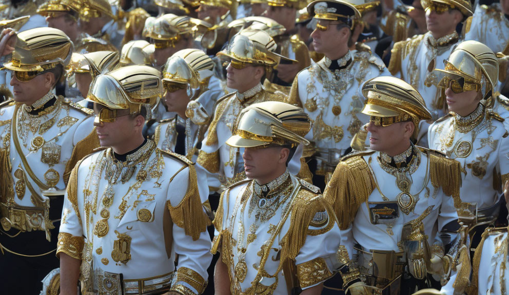 Ceremonial guards in ornate golden uniforms standing in formation