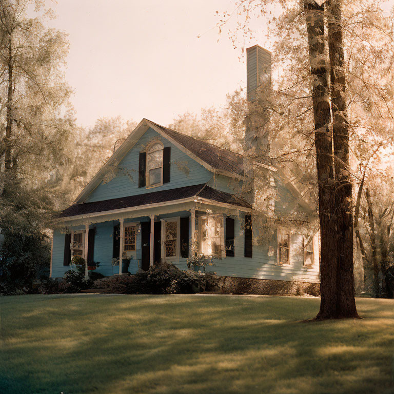 Blue house surrounded by trees in serene setting with golden light