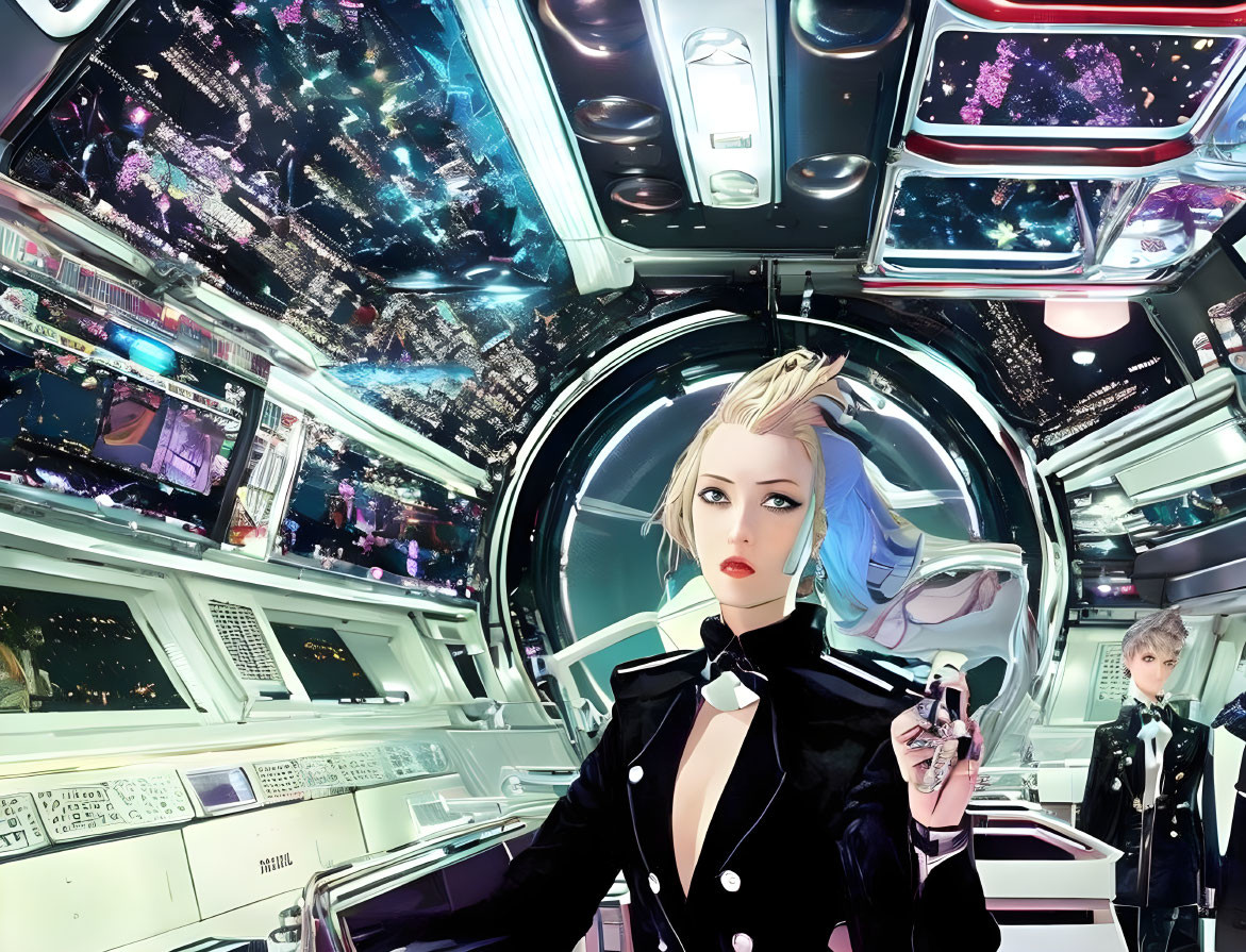 Futuristic space cockpit with stern female astronaut and cityscape view