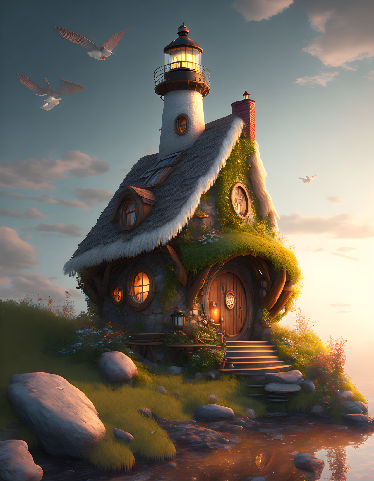 Cozy cottage with lighthouse on rocks at dusk