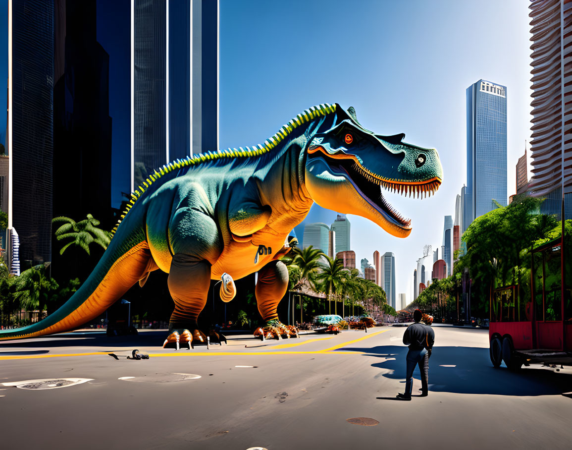 Colorful Dinosaur Statue in Modern City Street with Skyscrapers