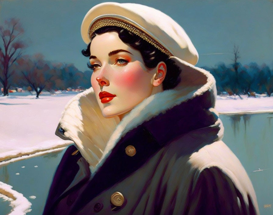 Vintage portrait of woman in white hat and collar against snowy landscape