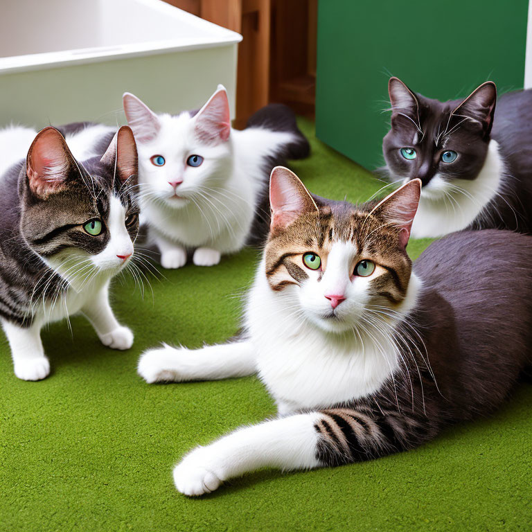 Four Cats with Striking Blue Eyes on Green Carpet by Litter Boxes