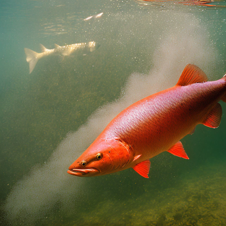 Colorful Red Fish Swimming Underwater with Distinct Fins and Bubbles