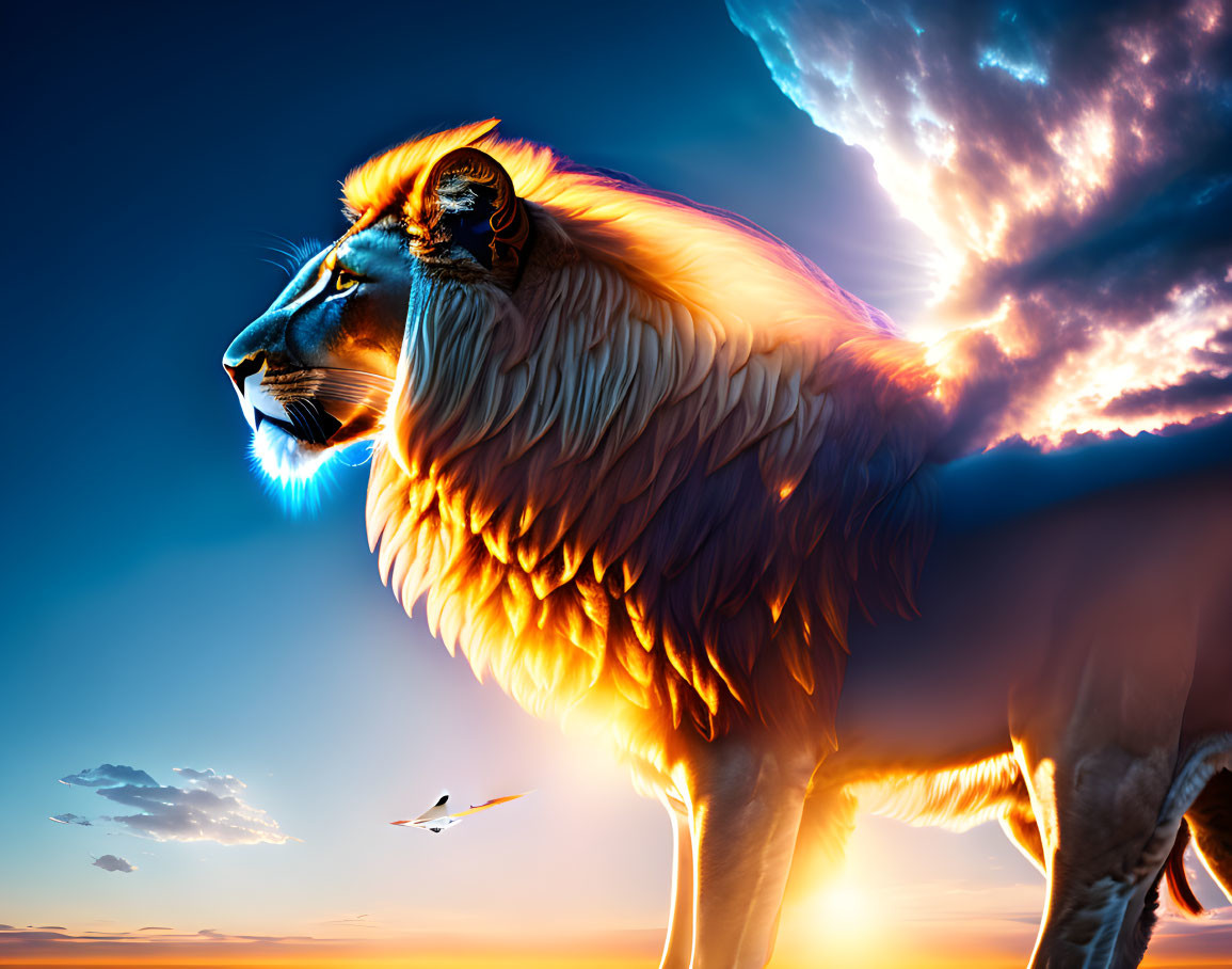 Digital art: Majestic lion with glowing mane in vibrant sunset scene