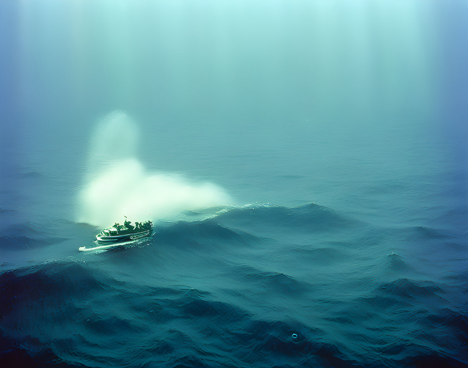 Passengers in small boat navigating choppy ocean waves under sunlight in misty atmosphere