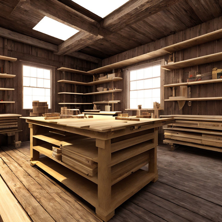 Wooden carpentry workshop with workbenches, tools, and large windows