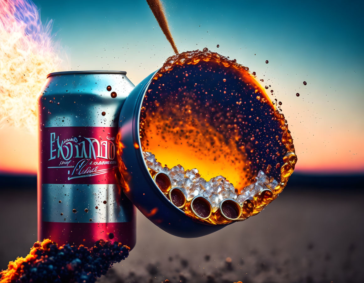 Beverage can with liquid splash on sunset backdrop