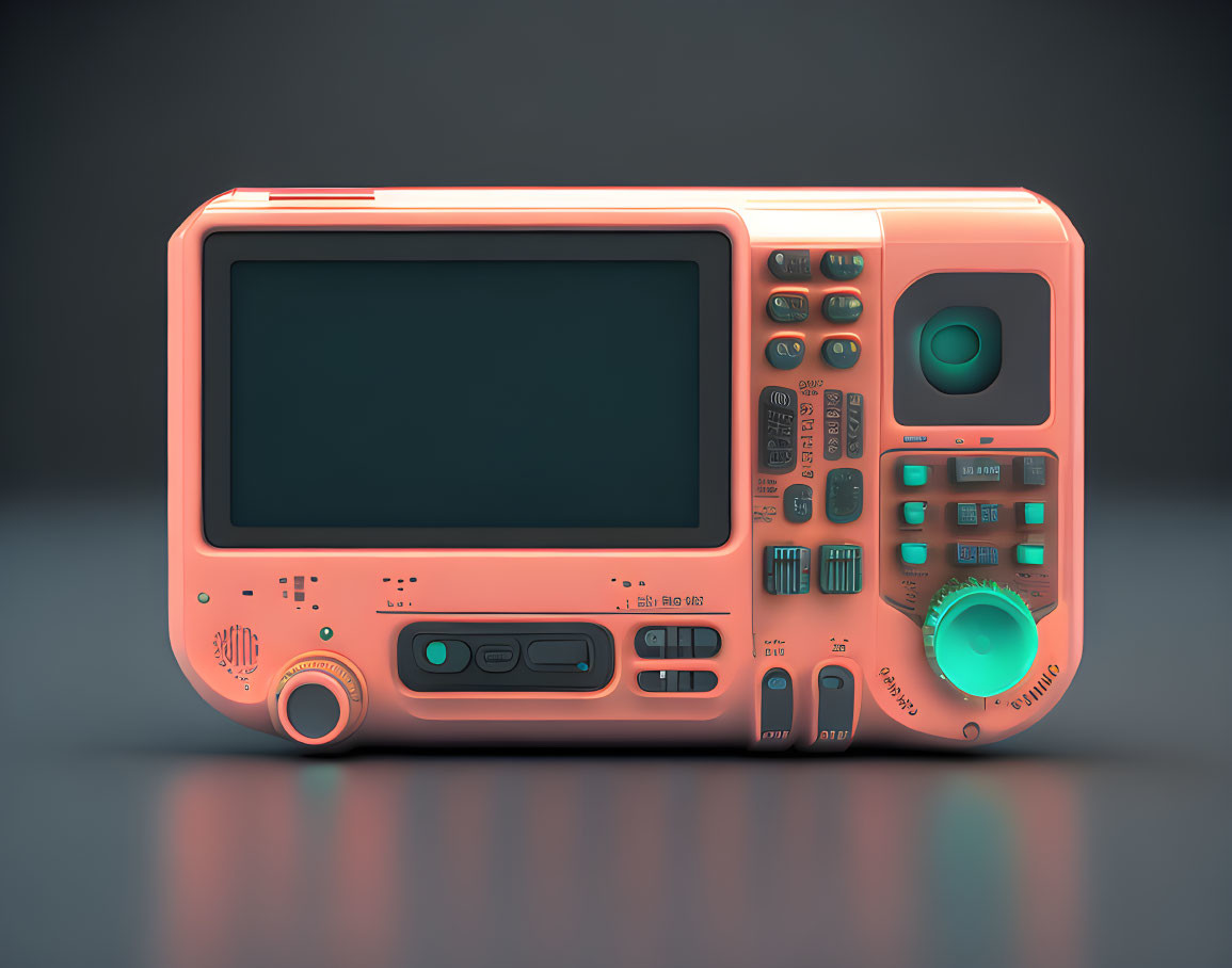 Retro-style salmon pink handheld gaming device in 3D