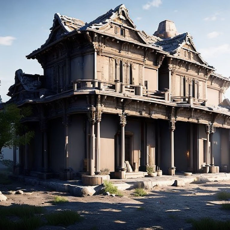 Deteriorating two-story mansion with intricate wooden details in overgrown surroundings