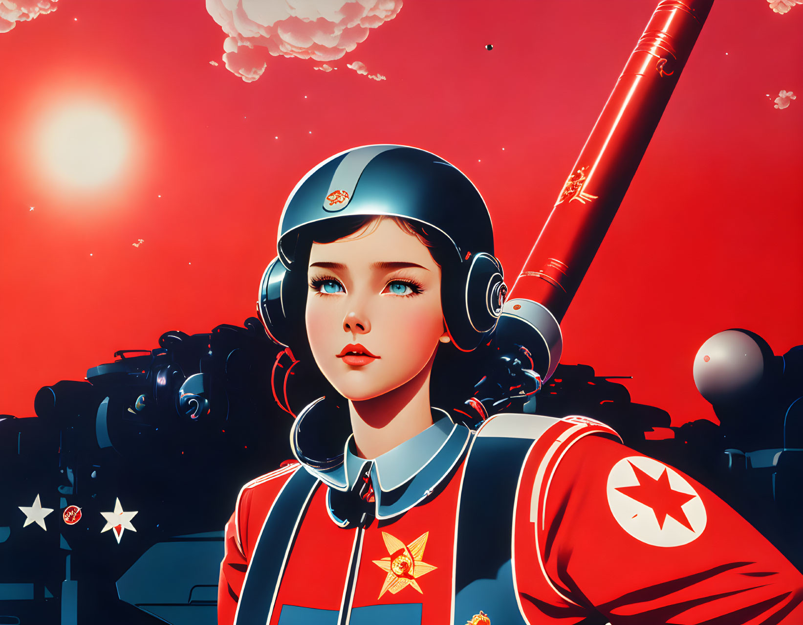 Retro-futuristic girl in space outfit with telescope in red sky