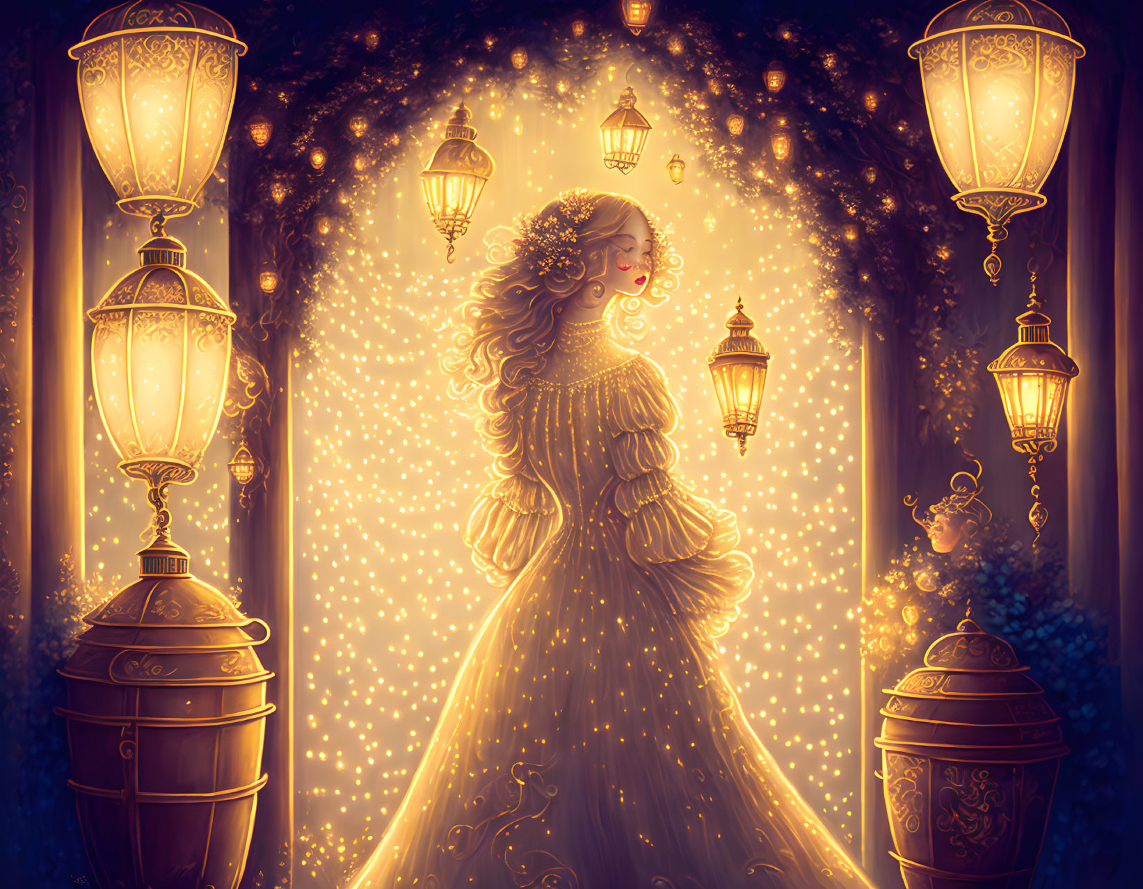 Woman surrounded by glowing lanterns in magical nighttime scene