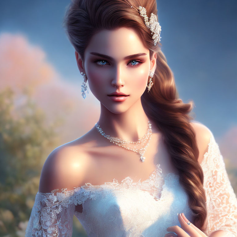 Sophisticated woman in bridal gown with pearl jewelry and tiara