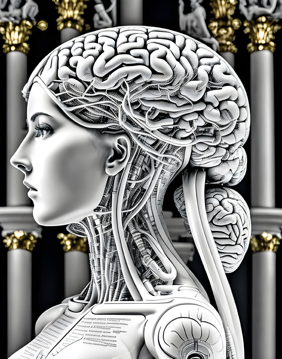 Digital artwork: Female figure with exposed brain and mechanical details in futuristic android style, against classical backdrop