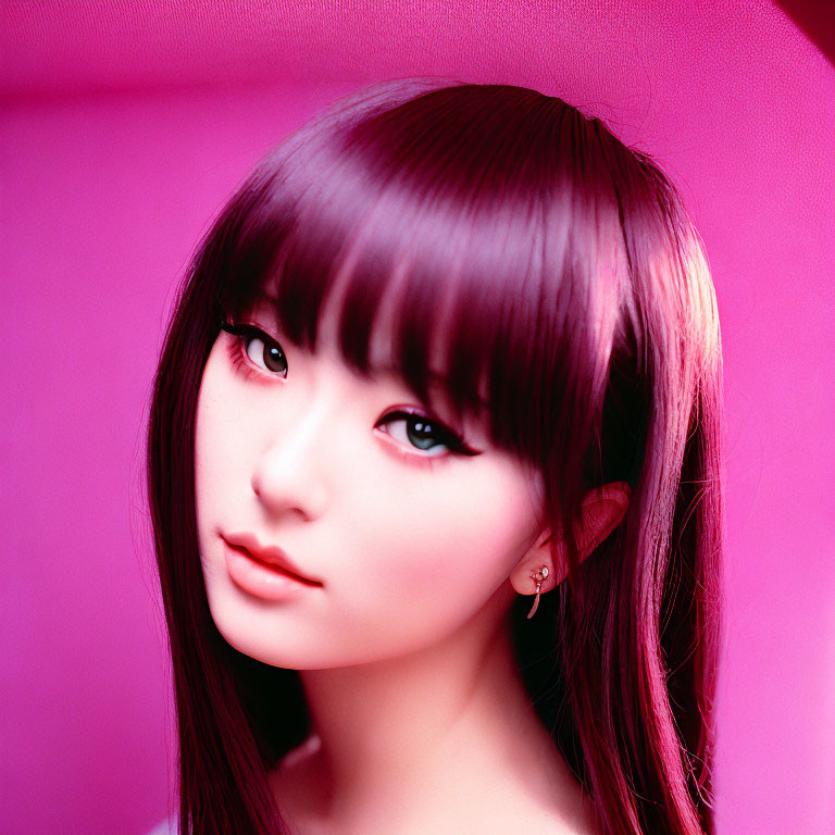 Sleek black hair girl in digital art on pink background