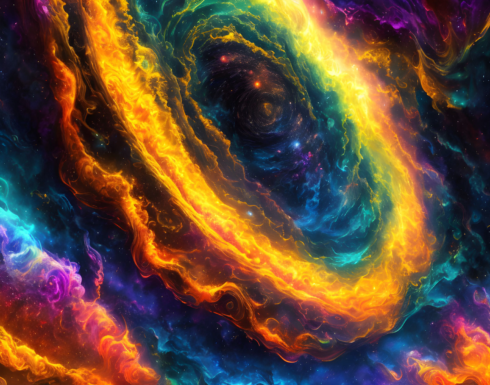 Colorful digital artwork of swirling cosmic scene with black hole in intense blues, purples, oranges