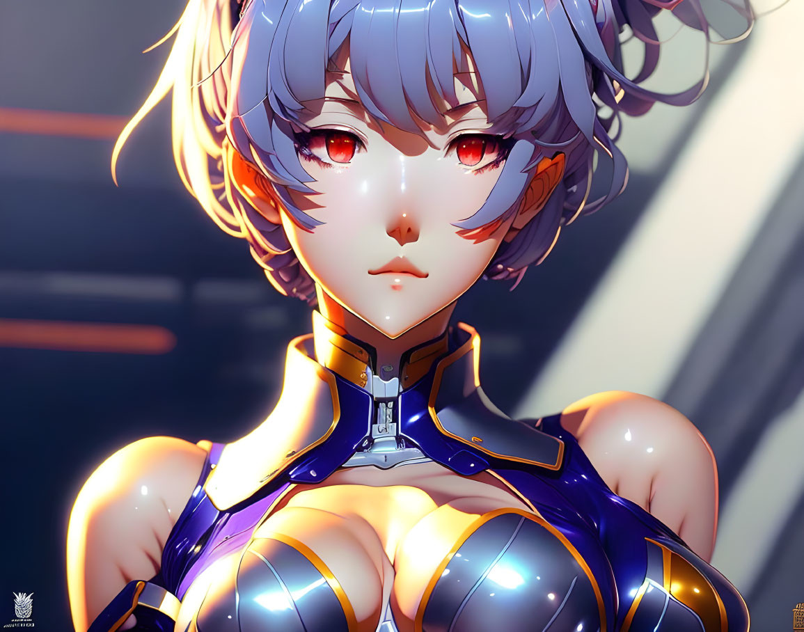 Gray-haired anime character in futuristic bodysuit with red eyes, bathed in sunlight