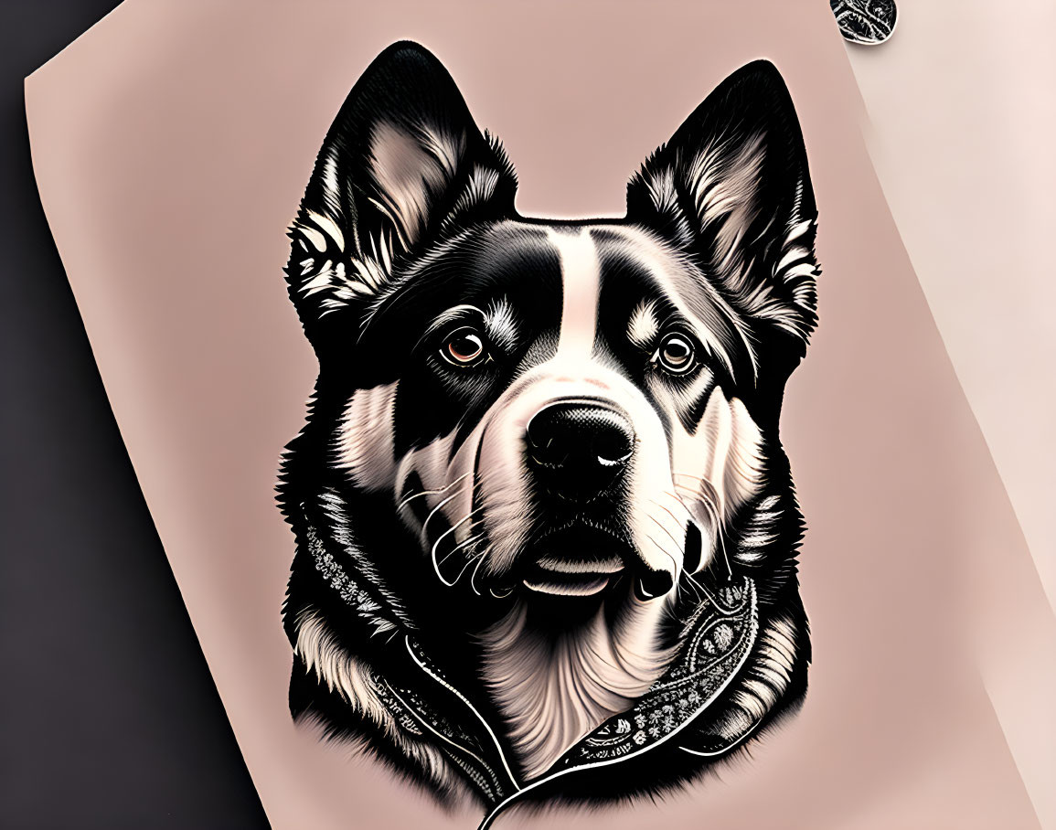 Monochromatic dog with bandana on split pink and grey backdrop