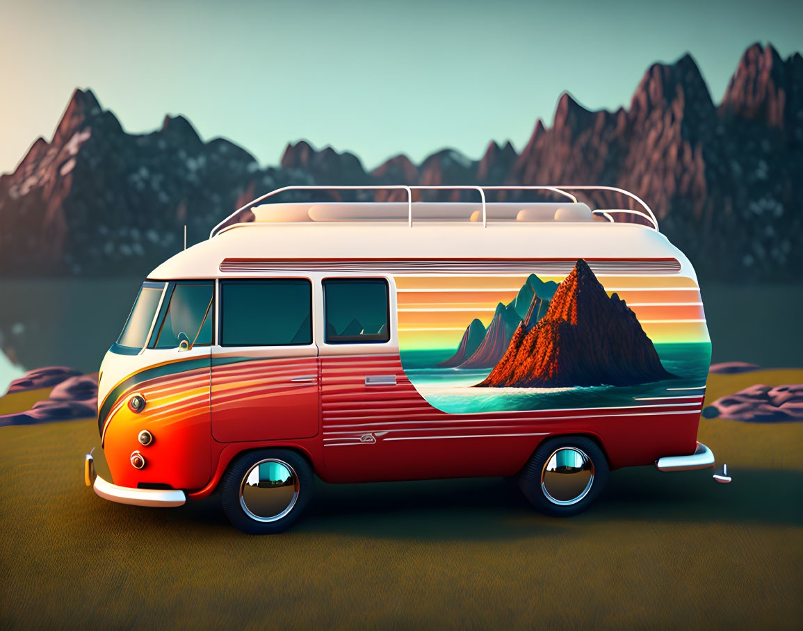 Vintage Van with Sunset and Mountain Landscape by Tranquil Lake