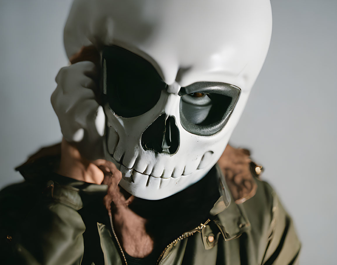 Skull Mask and Sunglasses Green Jacket Pose Gray Background