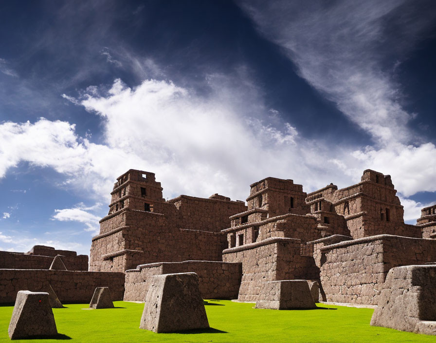 Ancient Incan stone ruins under dramatic blue sky and white clouds on grassy hill