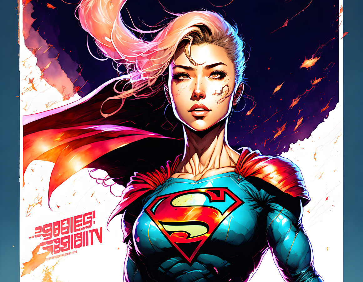 Female superhero illustration with 'S' logo, cape, and cosmic backdrop.