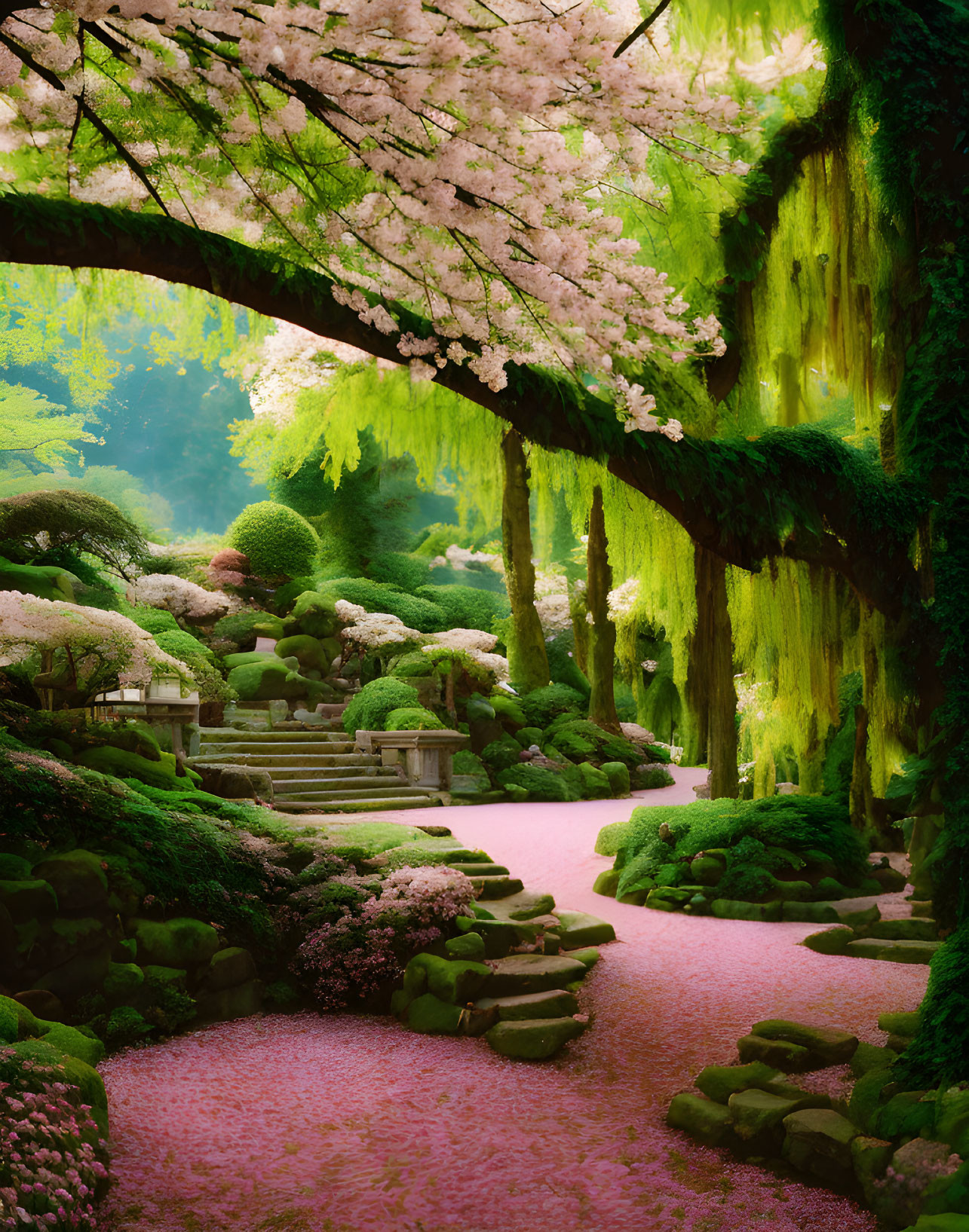 Tranquil garden path with pink cherry blossoms, mossy trees, and manicured shrub