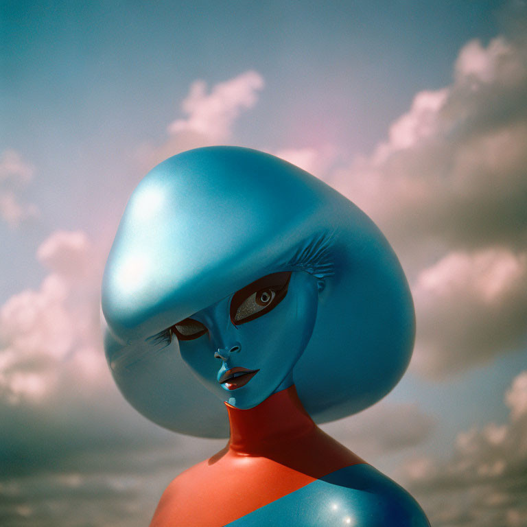 Surreal humanoid figure with oversized blue head and black eyes.