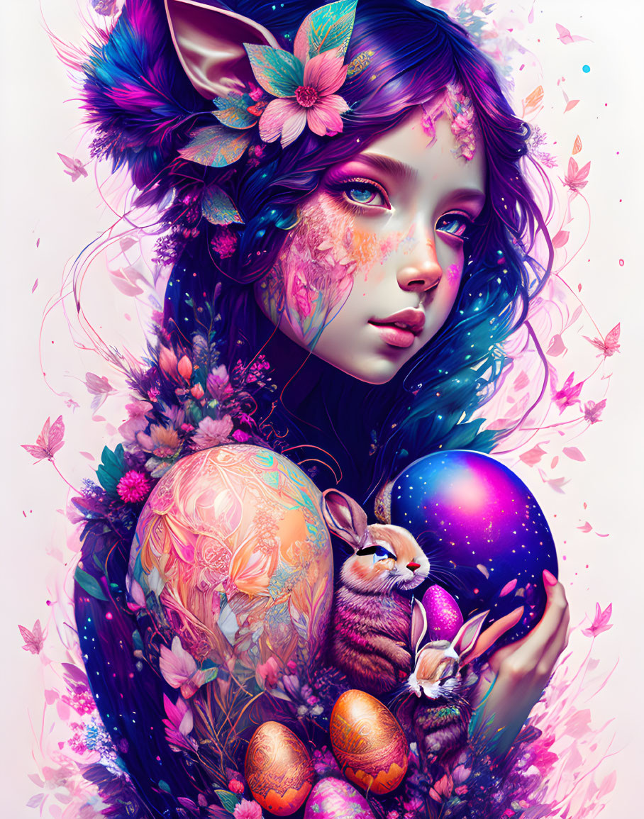 Colorful mythical female with floral motifs, rabbit, butterflies, and cosmic egg.