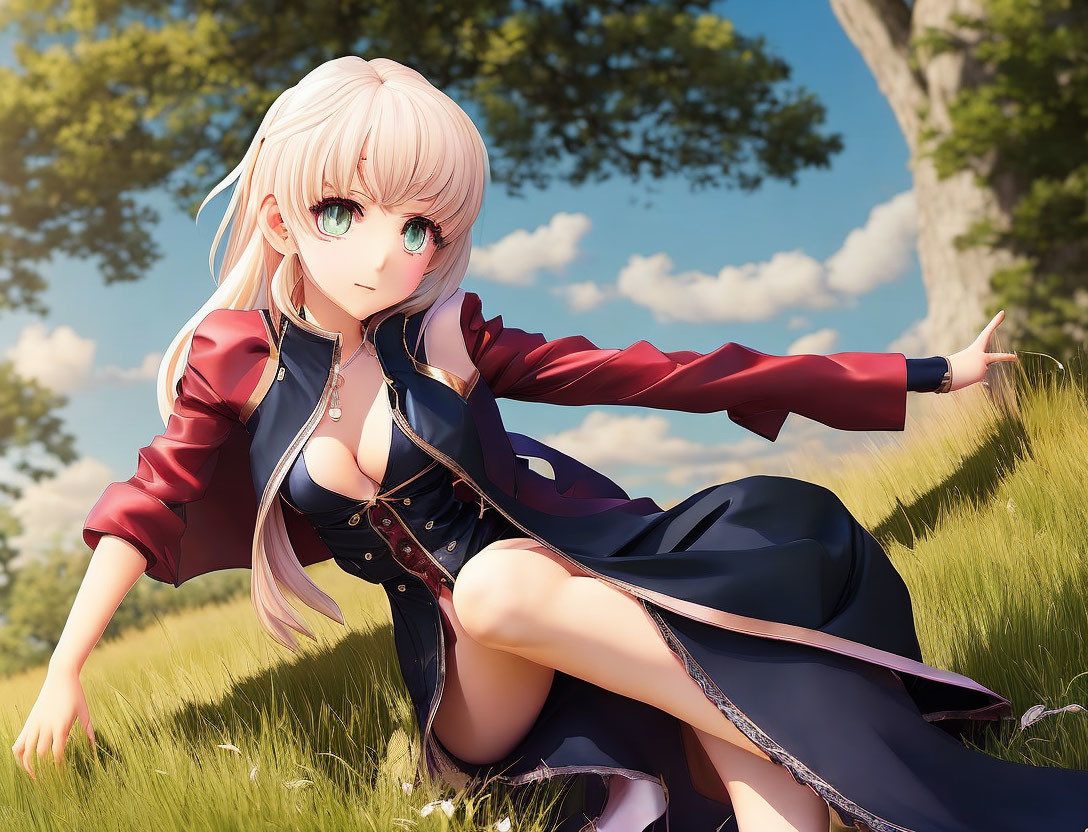 Blonde anime girl in black and red outfit under sunny sky