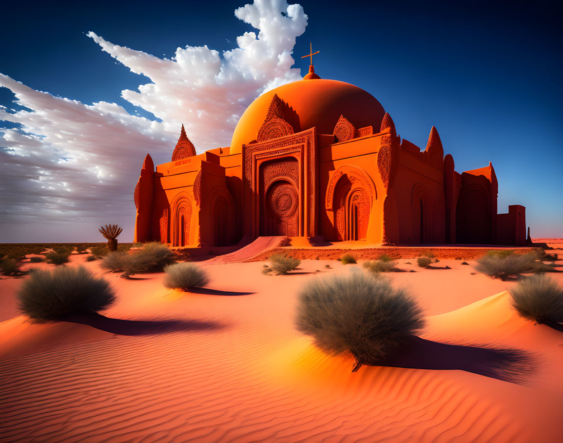 Intricate red-orange dome structure in desert landscape