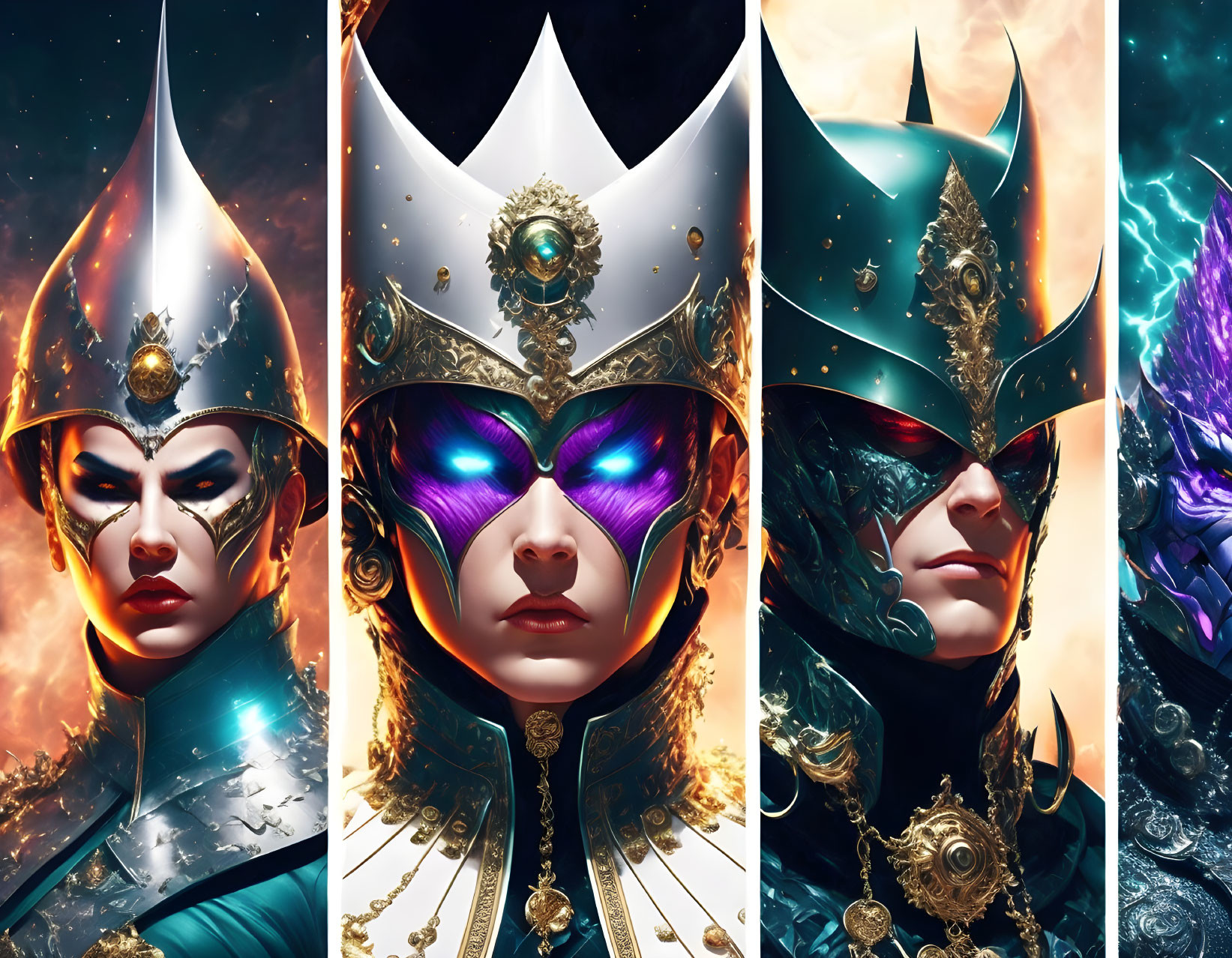 Stylized portraits with ornate helmets against cosmic backdrops