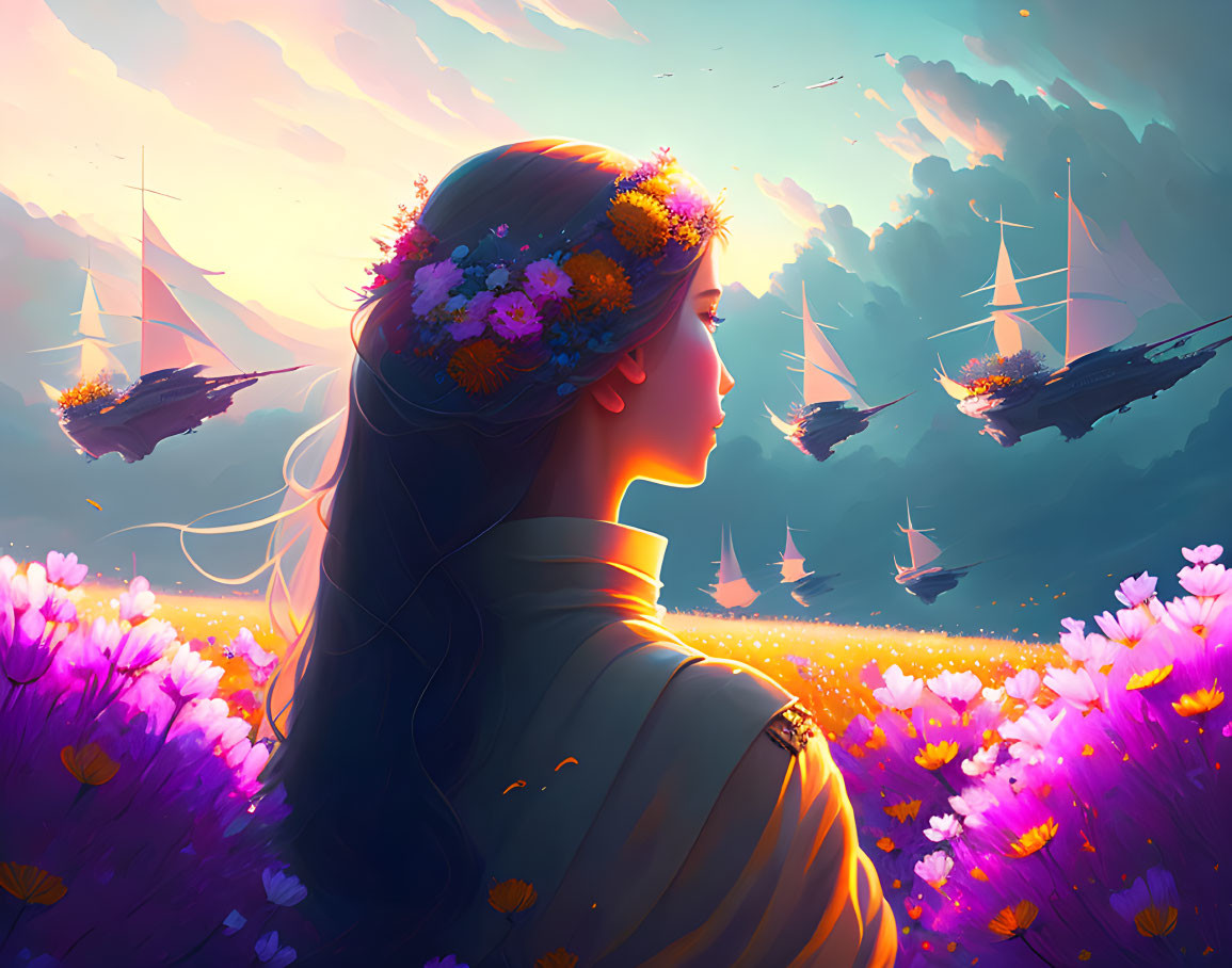 Woman with floral crown admires surreal floating ships over vibrant flower field at sunset